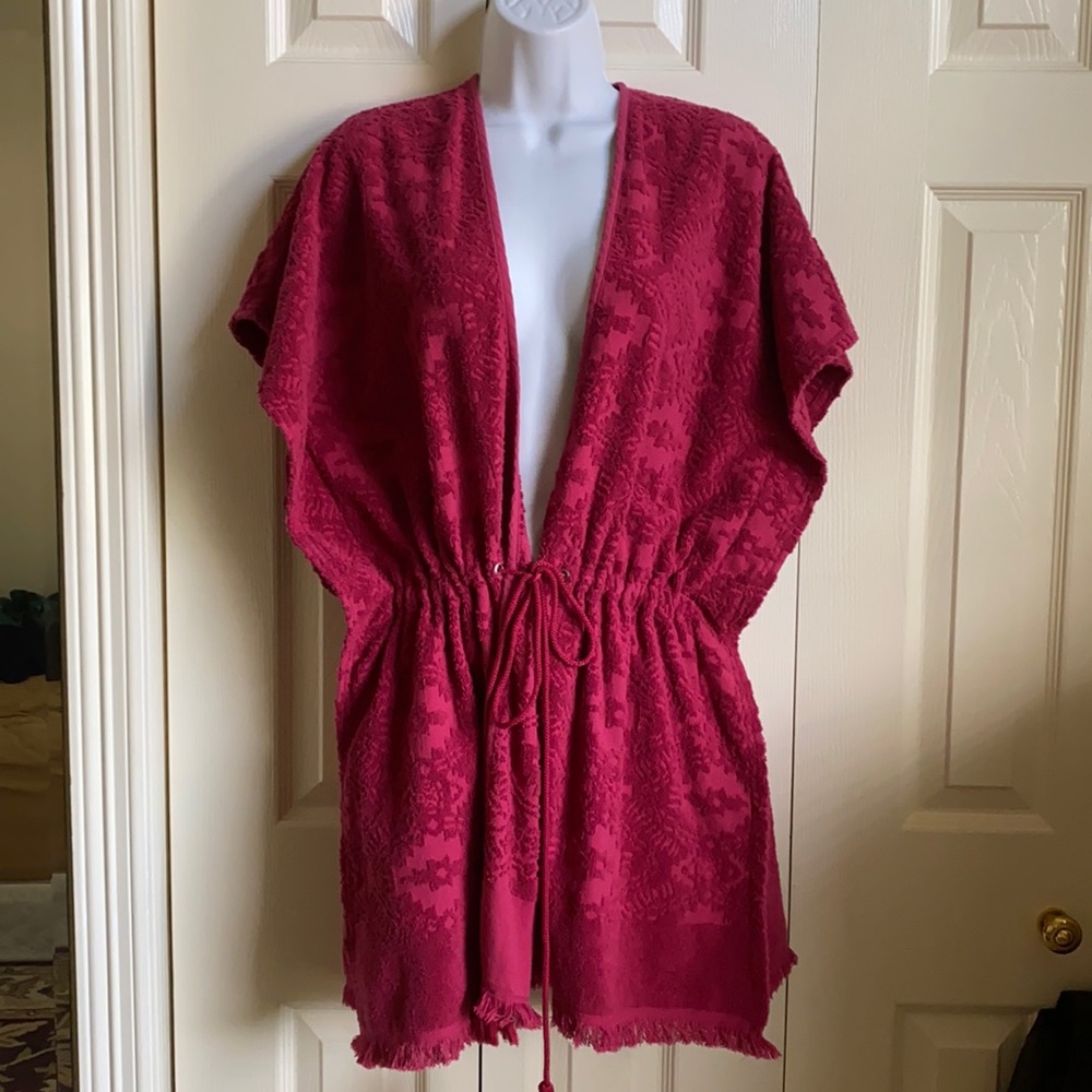 Maroon terry cloth swim cover-up.